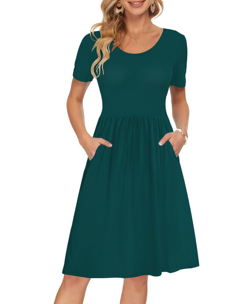 AUSELILY Women's Short Sleeve Empire Waist Dress Pleated Loose Swing Knee Length Dresses with Pockets 2026 New Dark Green L - Image 1